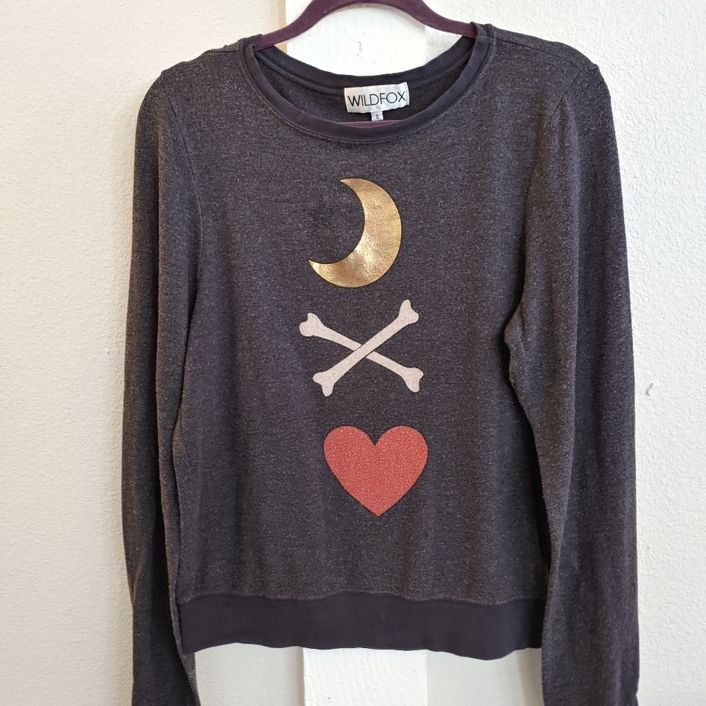 Wildfox Moon Bones Heart Sweater Gray Small